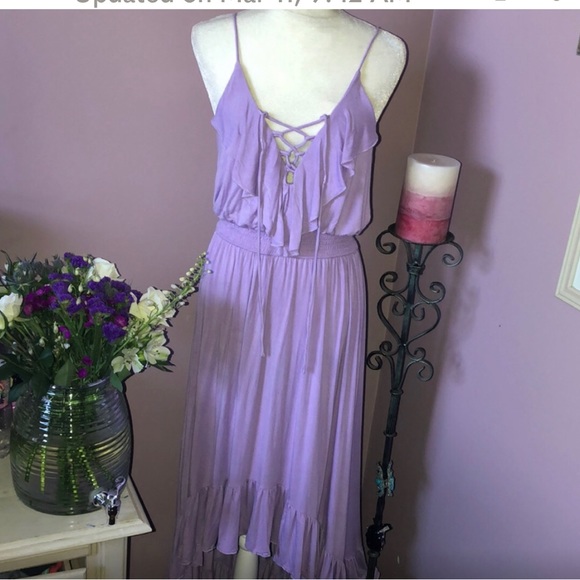 Venus Lavender Ruffle Shoestring Tie Front High Low Midi Sundress LIKE NEW! - Picture 1 of 4
